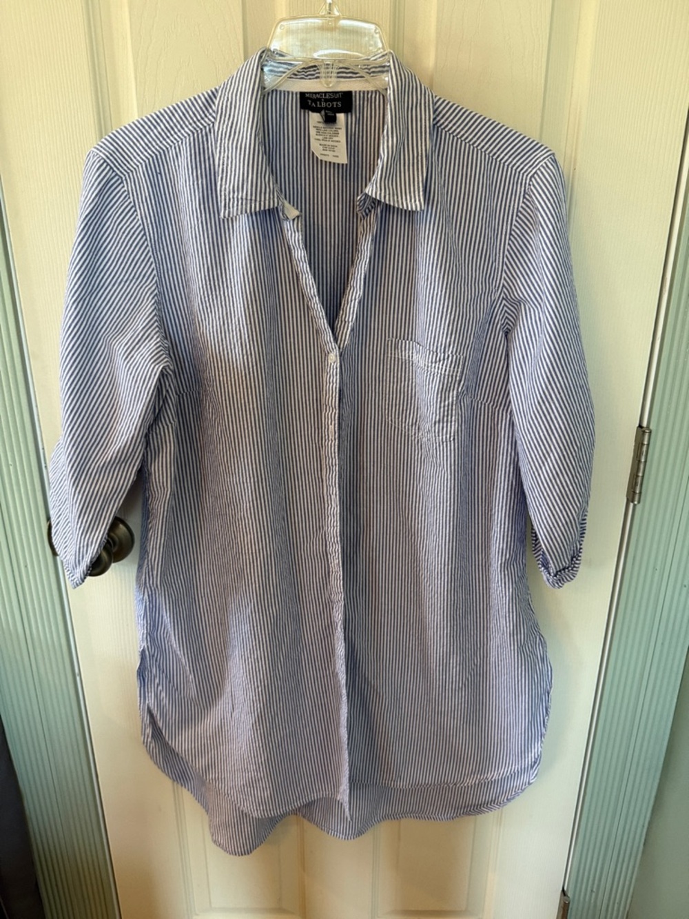 Miraclesuit x Talbots Blue and White Striped Casual Button-Down Beach Shirt